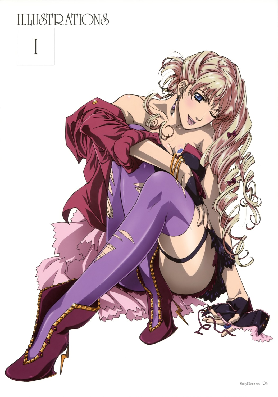 cleavage garter macross macross_frontier marufuji_hirotaka sheryl_nome thighhighs torn_clothes