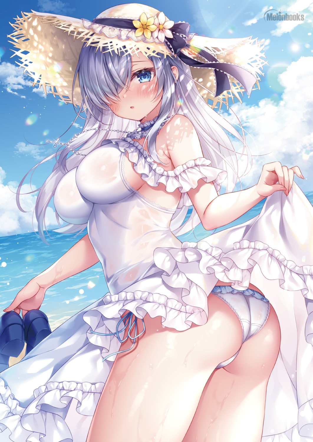 ass dress melonbooks mitsuba_choco no_bra pantsu see_through sister-chan_(mitsuba_choco) skirt_lift summer_dress thong wet wet_clothes