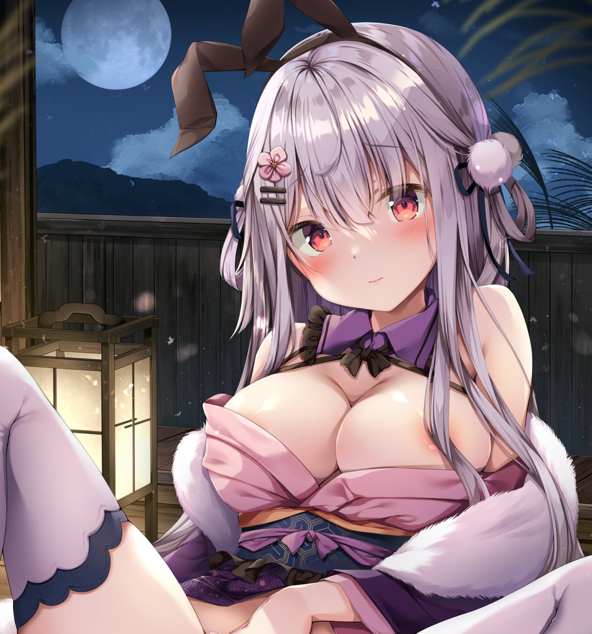 animal_ears areola breasts bunny_ears kimono kinokomushi no_bra open_shirt skirt_lift thighhighs wardrobe_malfunction