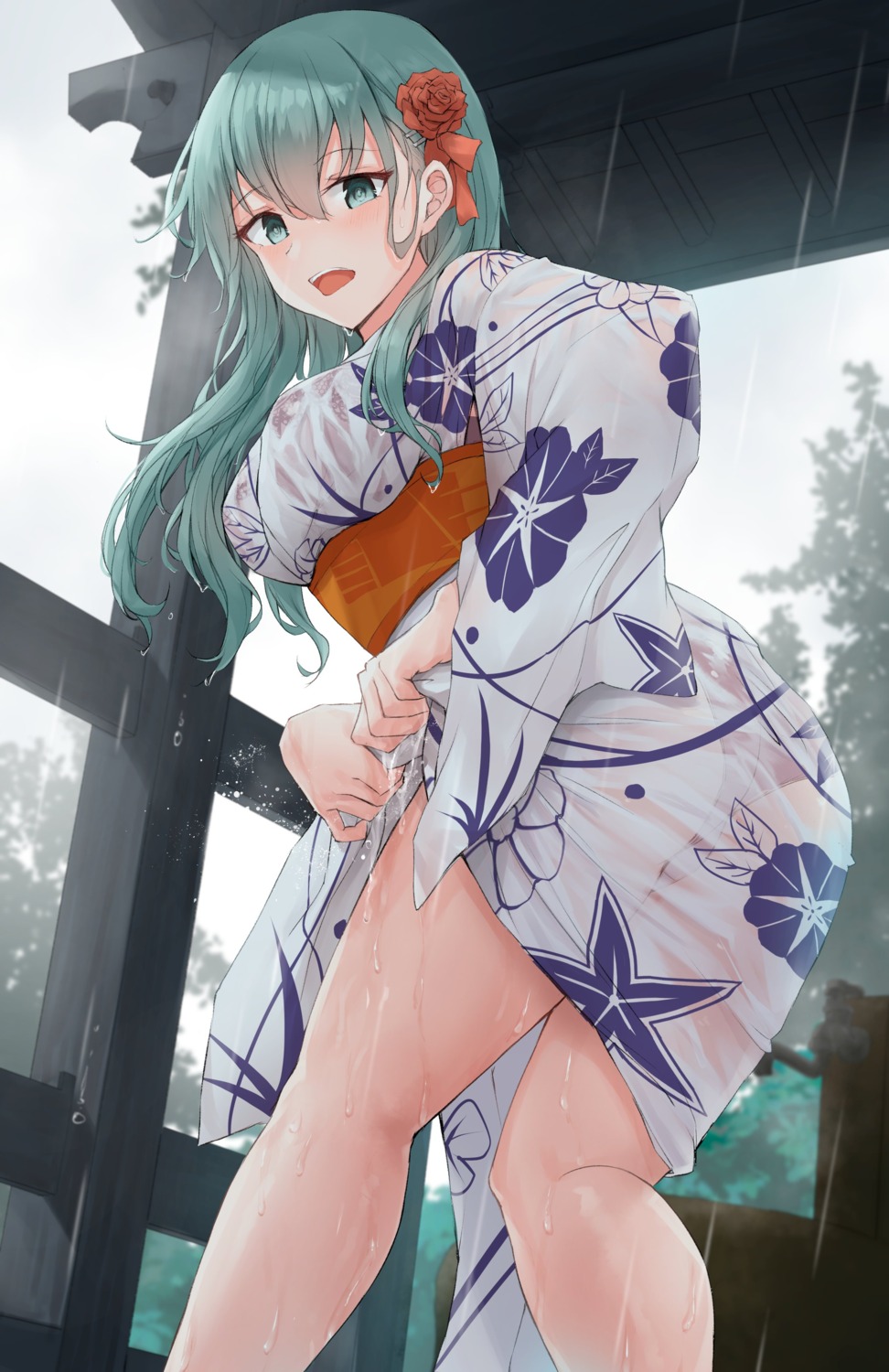 ass bra k_jie kantai_collection pantsu see_through skirt_lift suzuya_(kancolle) thong wet wet_clothes yukata