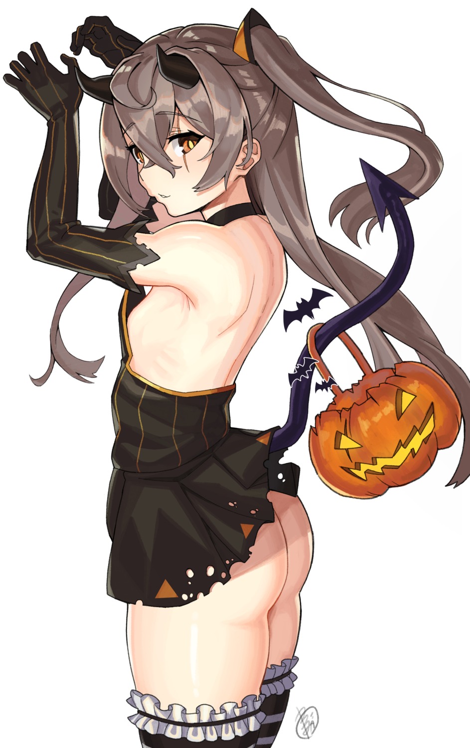 ass be_garam dress girls_frontline halloween horns no_bra nopan skirt_lift tail thighhighs ump45_(girls_frontline)