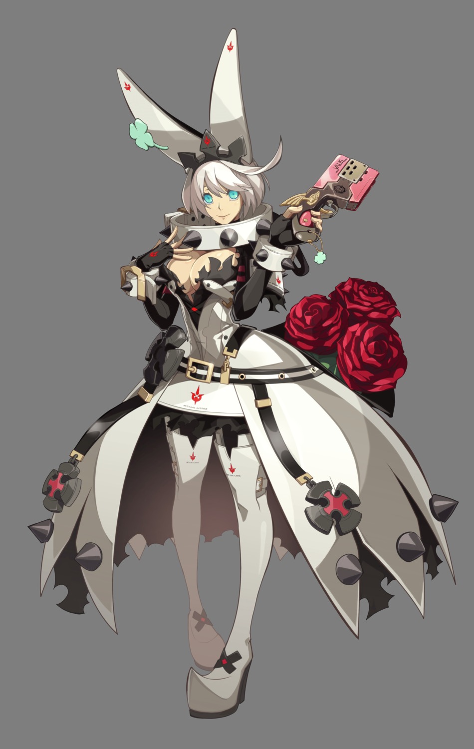 cleavage dress elphelt_valentine guilty_gear guilty_gear_xrd_revelator heels no_bra open_shirt thighhighs transparent_png weapon