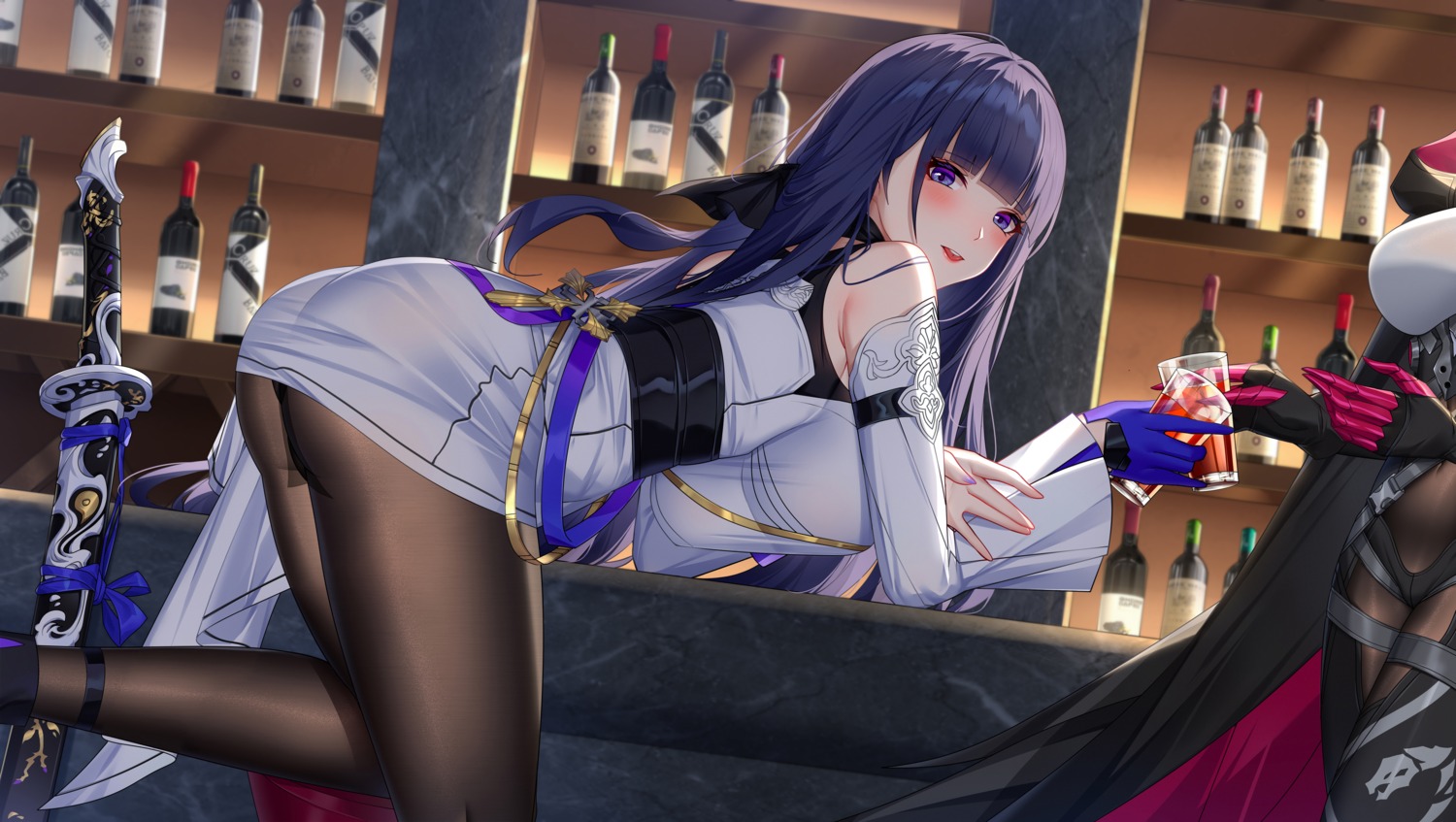 ass benghuai_xueyuan honkai_impact pantyhose raiden_mei raven_(honkai_impact_3rd) skirt_lift sword wu_ganlan_cai