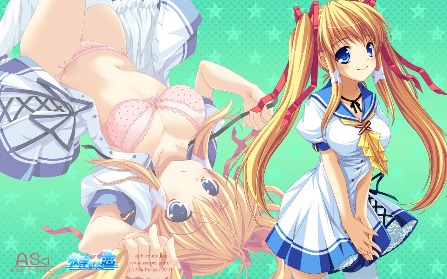 asa_project atchi_muite_koi bra open_shirt pantsu seifuku thighhighs wallpaper yuunagi_seshina