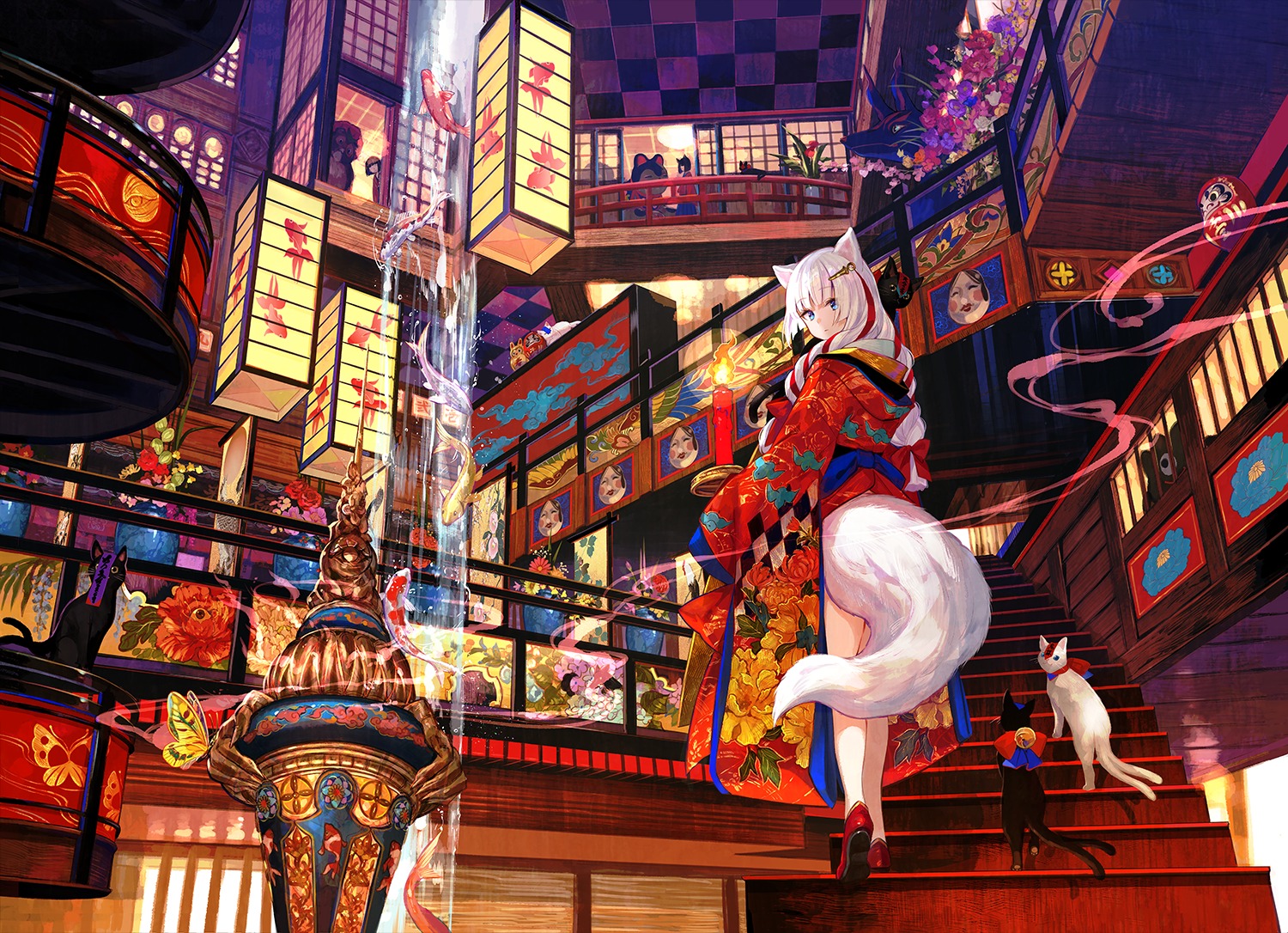 animal_ears fuzichoko japanese_clothes landscape neko nekomimi tail