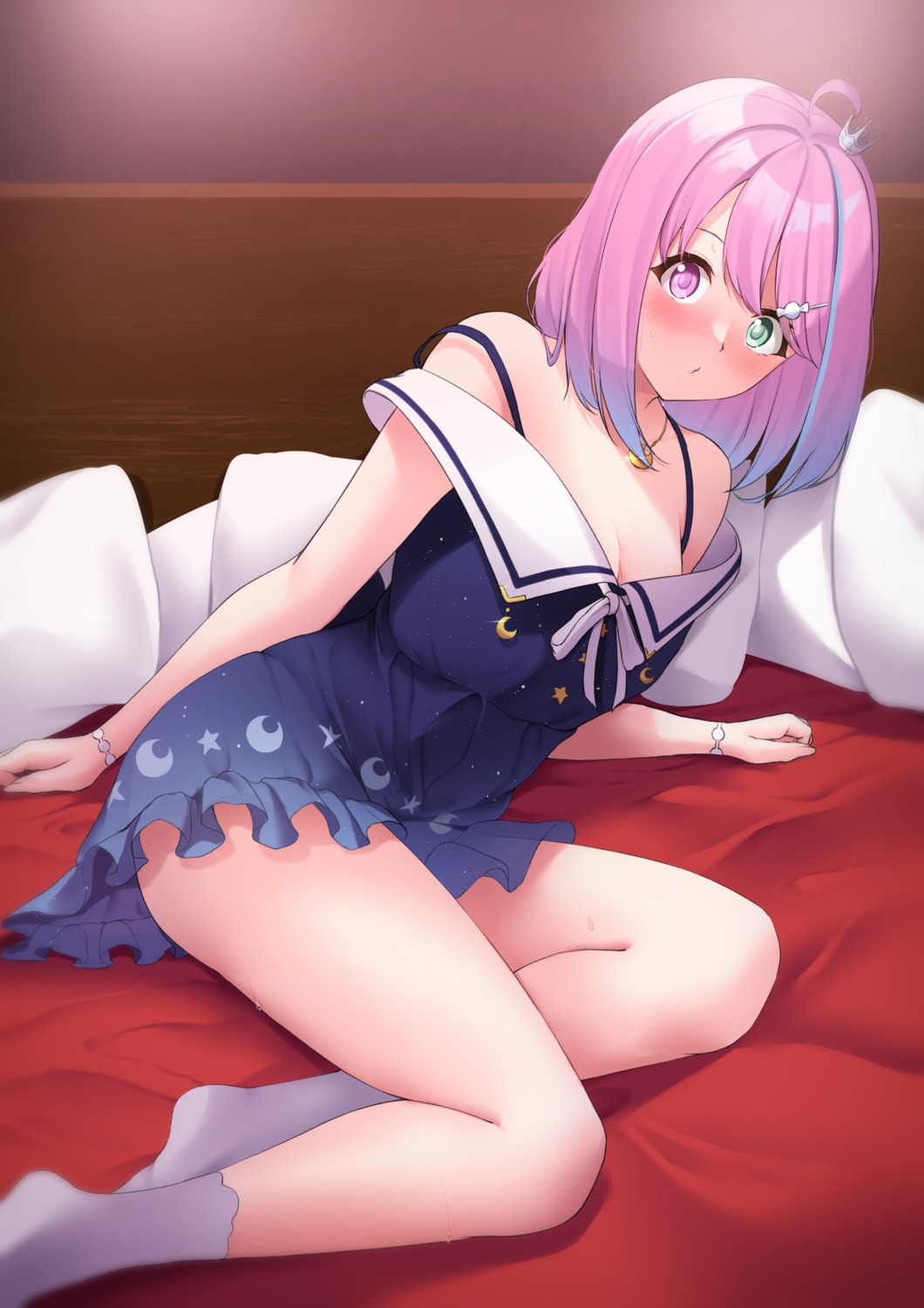 cleavage dress heterochromia himemori_luna hololive open_shirt see_through shirase_yui skirt_lift