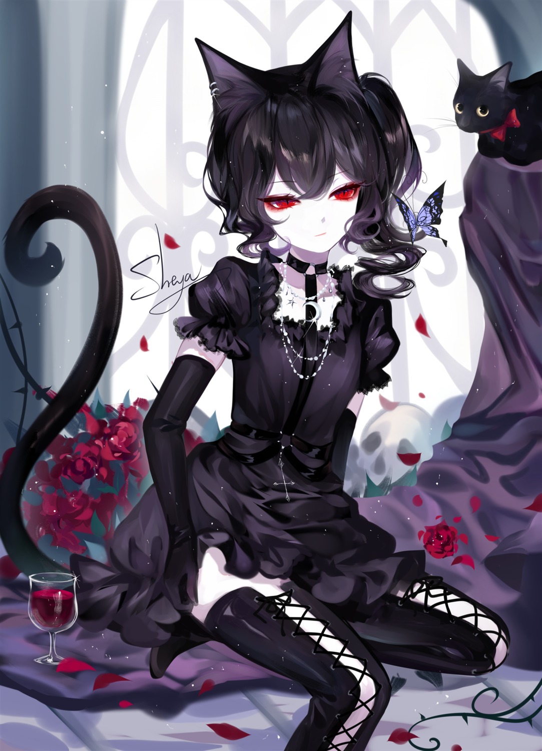 animal_ears dress gothic_lolita lolita_fashion neko nekomimi sheya tail thighhighs