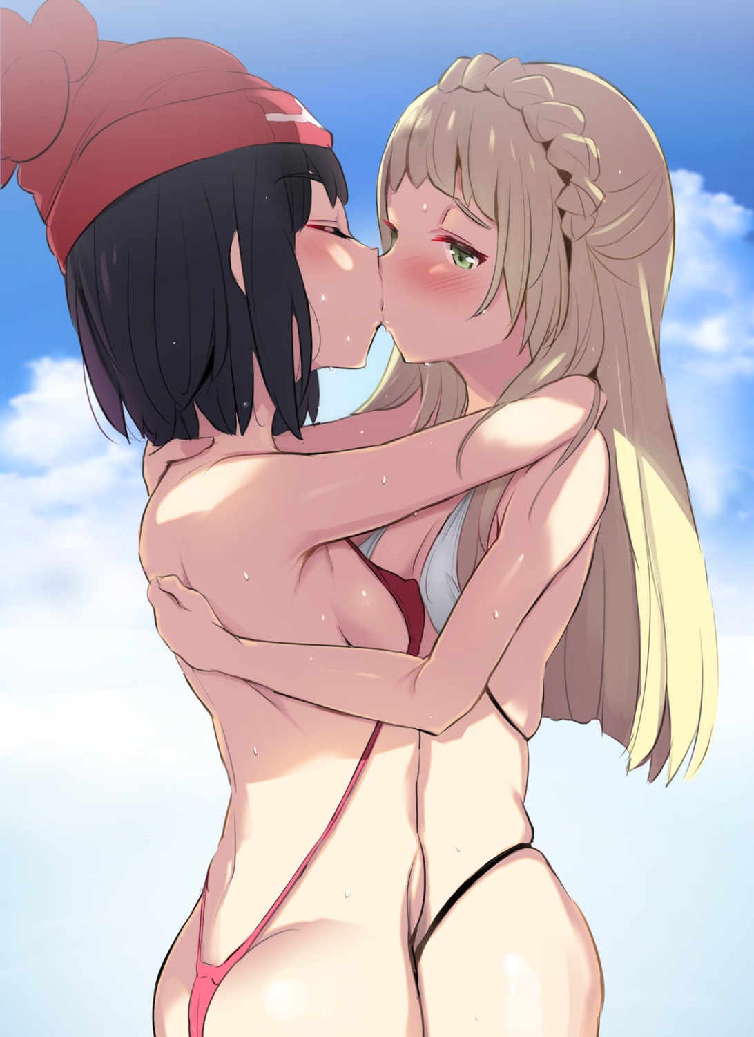 ass bikini erect_nipples lillie_(pokemon) loli mizuki_(pokemon) noripachi pokemon pokemon_sm pokemon_usum sling_bikini swimsuits symmetrical_docking yuri