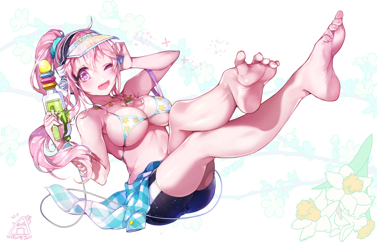 bike_shorts bikini_top cleavage feet gun headphones kanola_u sonico super_sonico swimsuits underboob