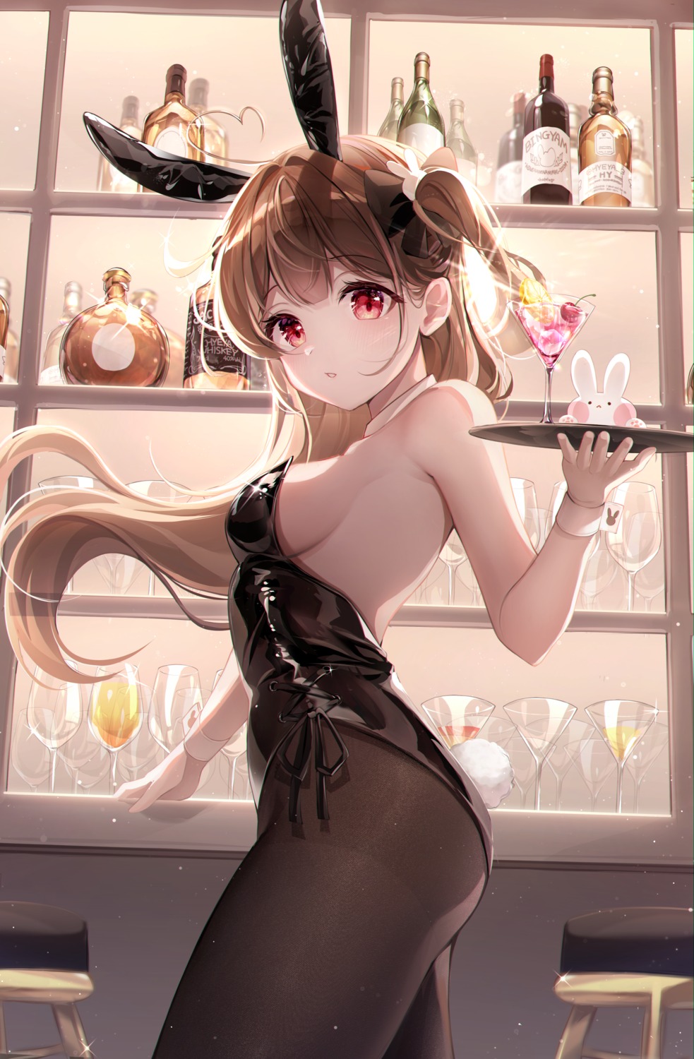 animal_ears ass bunny_ears bunny_girl hyeya no_bra pantyhose tail waitress