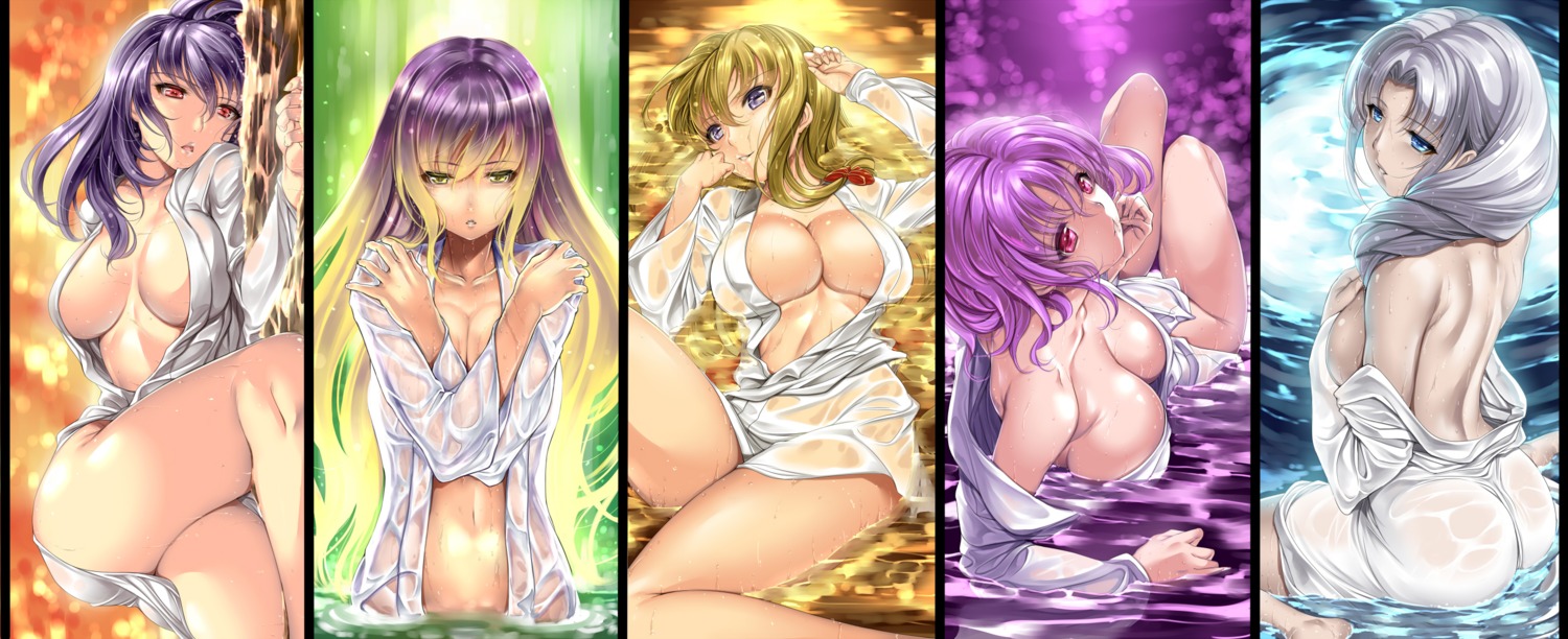 ass breast_hold cleavage hijiri_byakuren no_bra nopan robe saburou_(hgmg) saigyouji_yuyuko touhou wet_clothes yagokoro_eirin yakumo_yukari yasaka_kanako