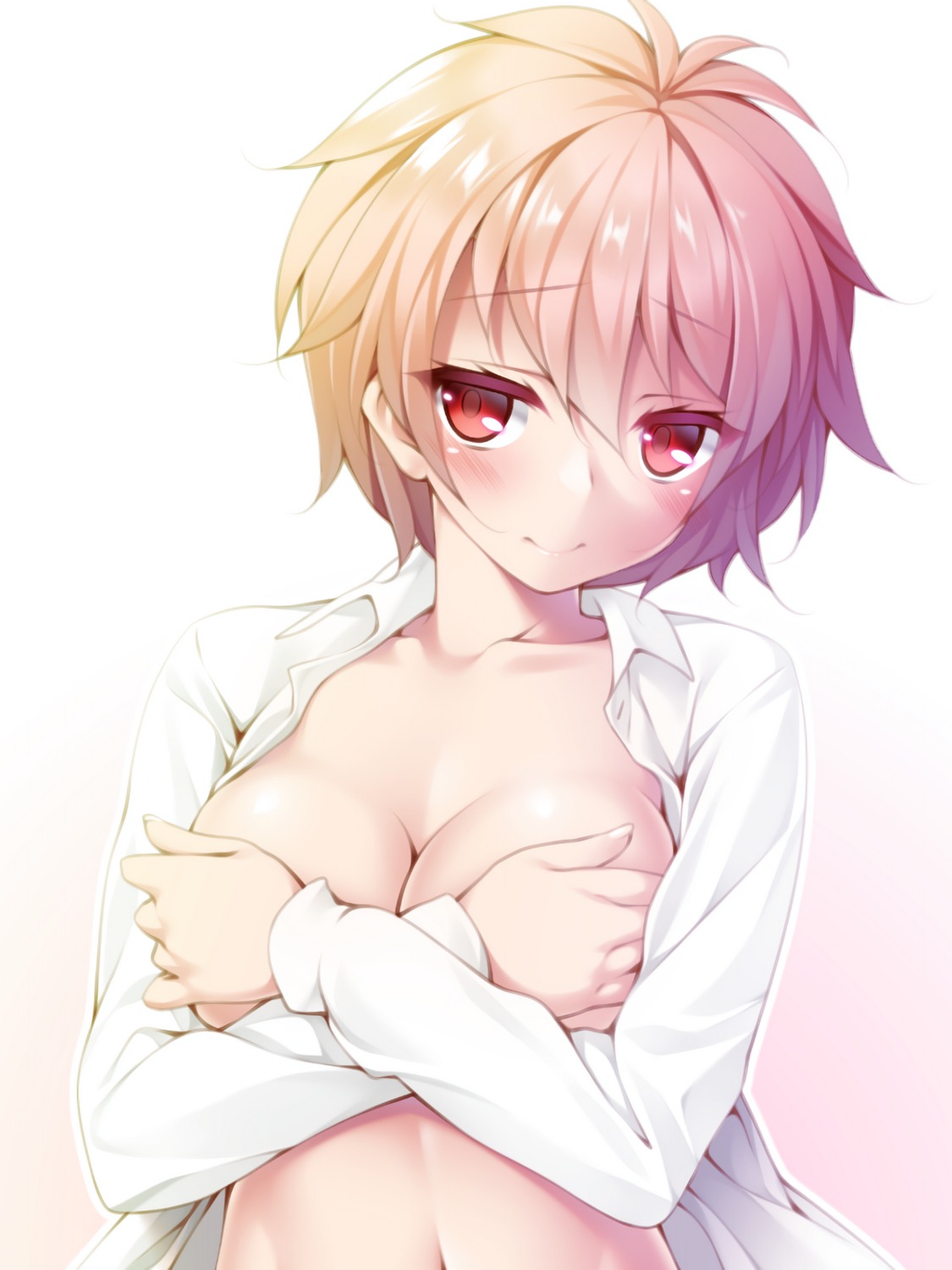 breast_hold breasts dress_shirt lethe-shion no_bra open_shirt