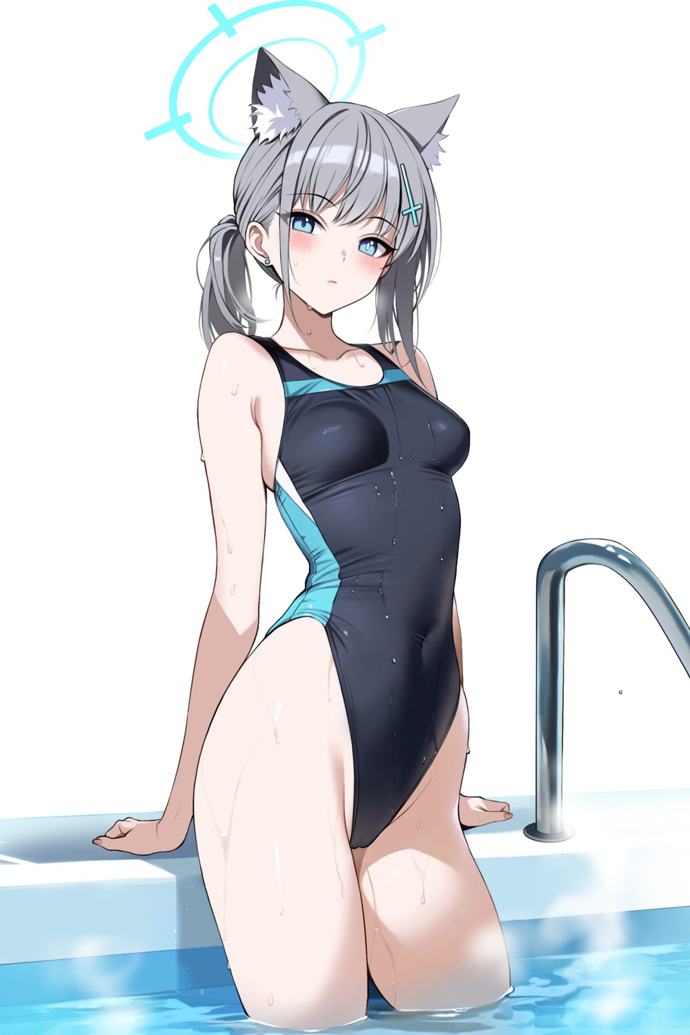 animal_ears ateoyh blue_archive cameltoe halo nekomimi sunaookami_shiroko swimsuits wet