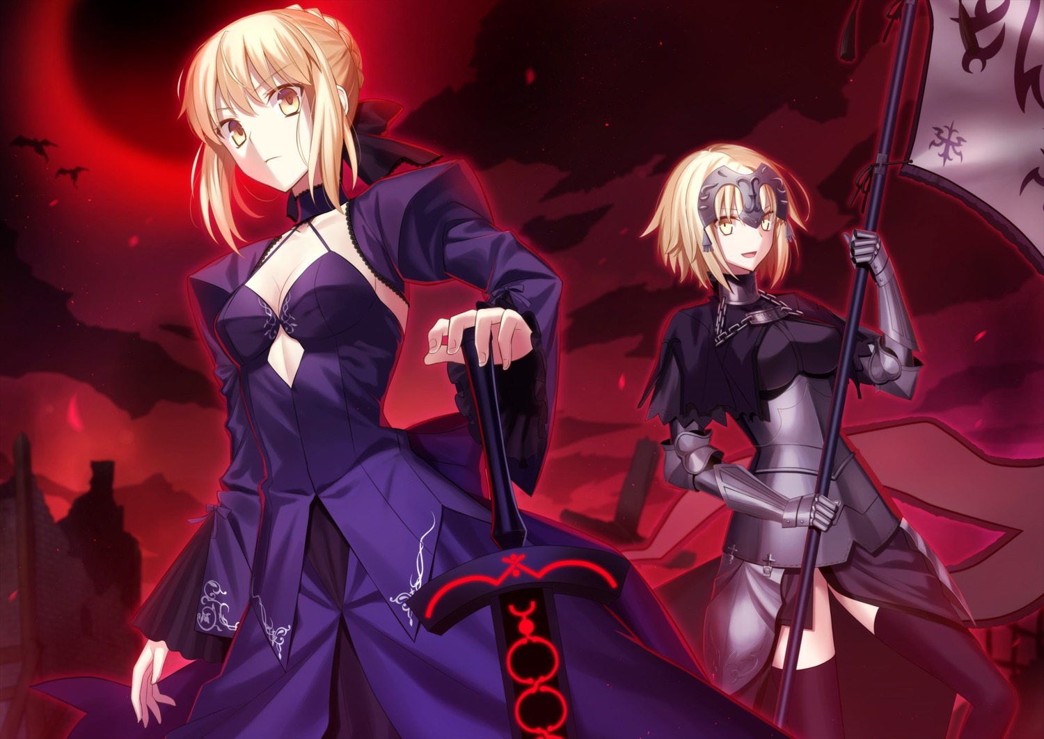 armor cleavage dress fate/grand_order fuyuki_(neigedhiver) jeanne_d'arc jeanne_d'arc_(alter)_(fate) saber saber_alter sword thighhighs weapon