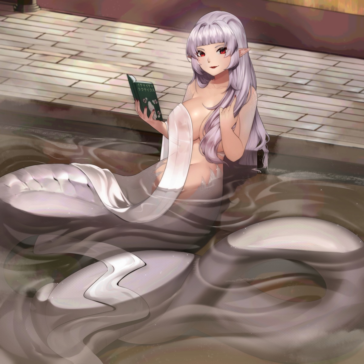 bathing kaiend monster_girl naked onsen pointy_ears tail towel wet