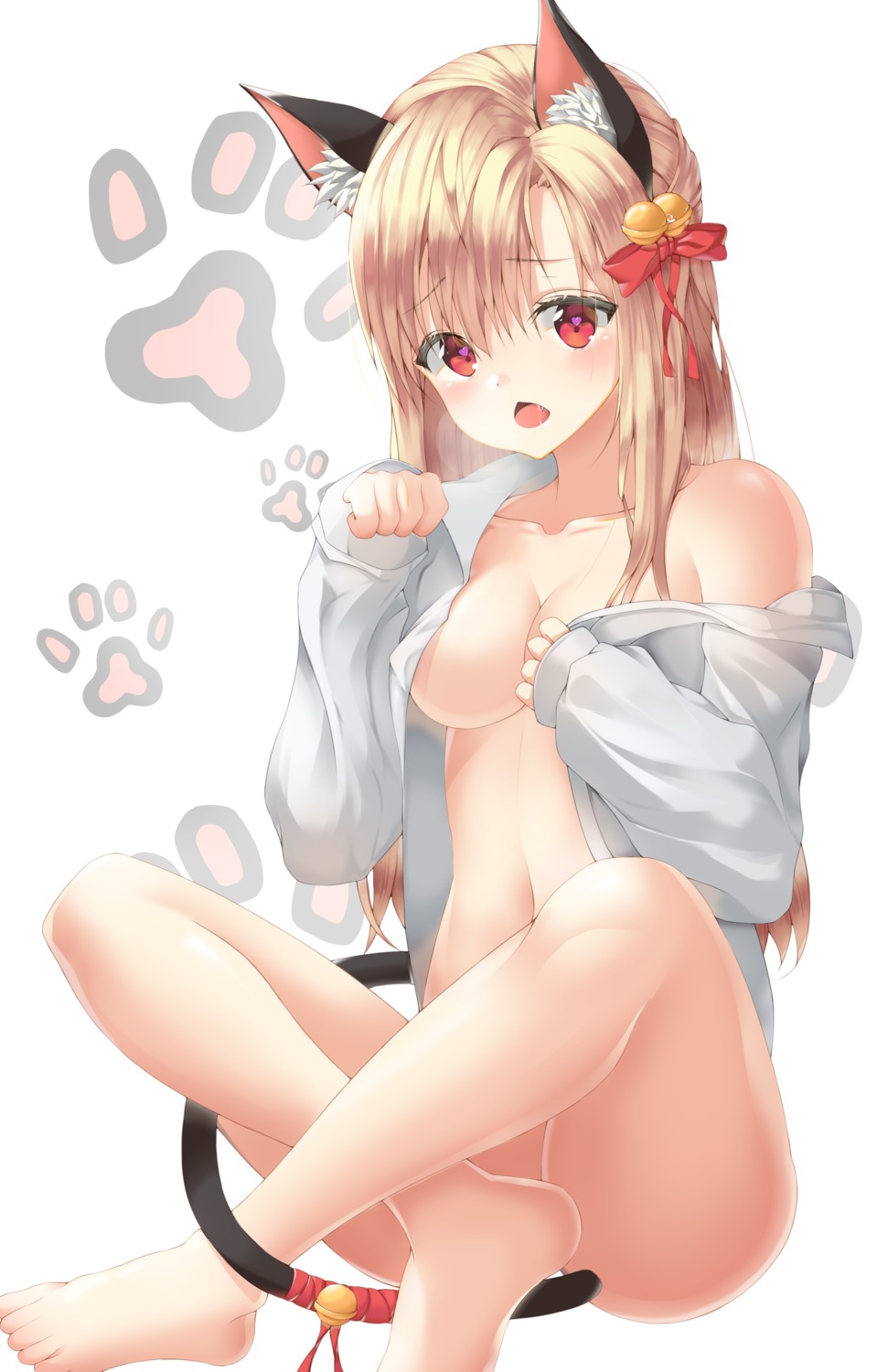 animal_ears bandages bottomless breast_hold cleavage dress_shirt fate/kaleid_liner_prisma_illya fate/stay_night illyasviel_von_einzbern nekomimi no_bra open_shirt skarif tail