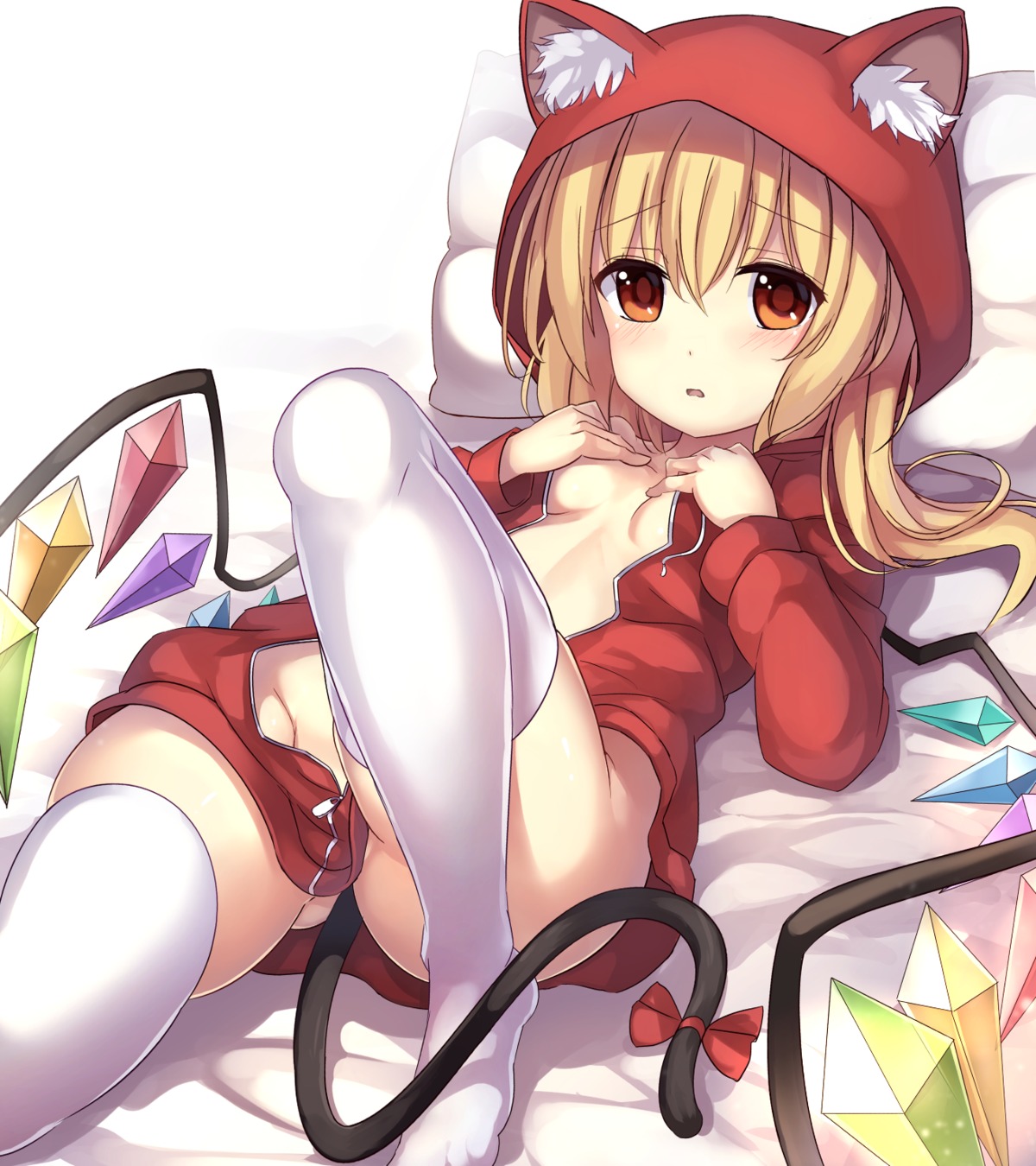 animal_ears breast_hold cleavage flandre_scarlet janne_cherry loli nekomimi no_bra nopan open_shirt tail thighhighs touhou wings