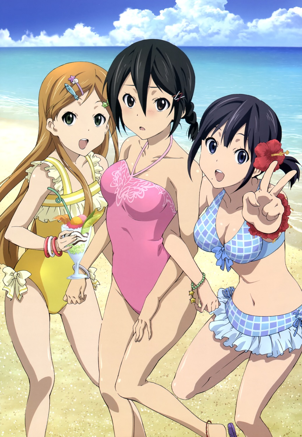 bikini cleavage inaba_himeko kiriyama_yui kokoro_connect nagase_iori sasaki_mutsumi_(bee_train) swimsuits