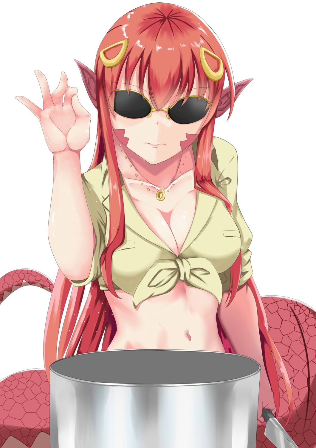 cleavage megane miia_(monster_musume) monster_girl monster_musume_no_iru_nichijou no_bra open_shirt parody pointy_ears ryuu_shuo tail