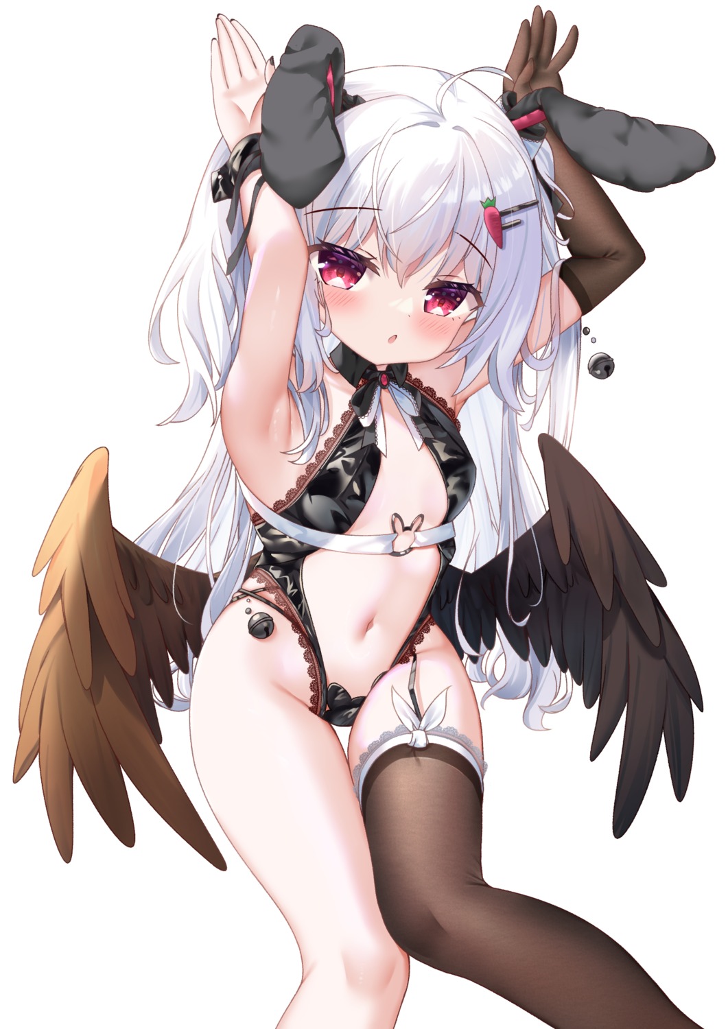 animal_ears bunny_ears bunny_girl hiyada_yuu loli maebari no_bra stockings thighhighs wings