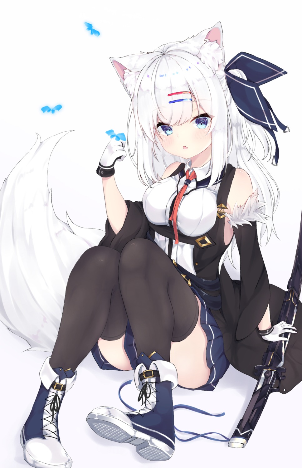 animal_ears heels konagi_(konachi_e) no_bra skirt_lift sword tail thighhighs