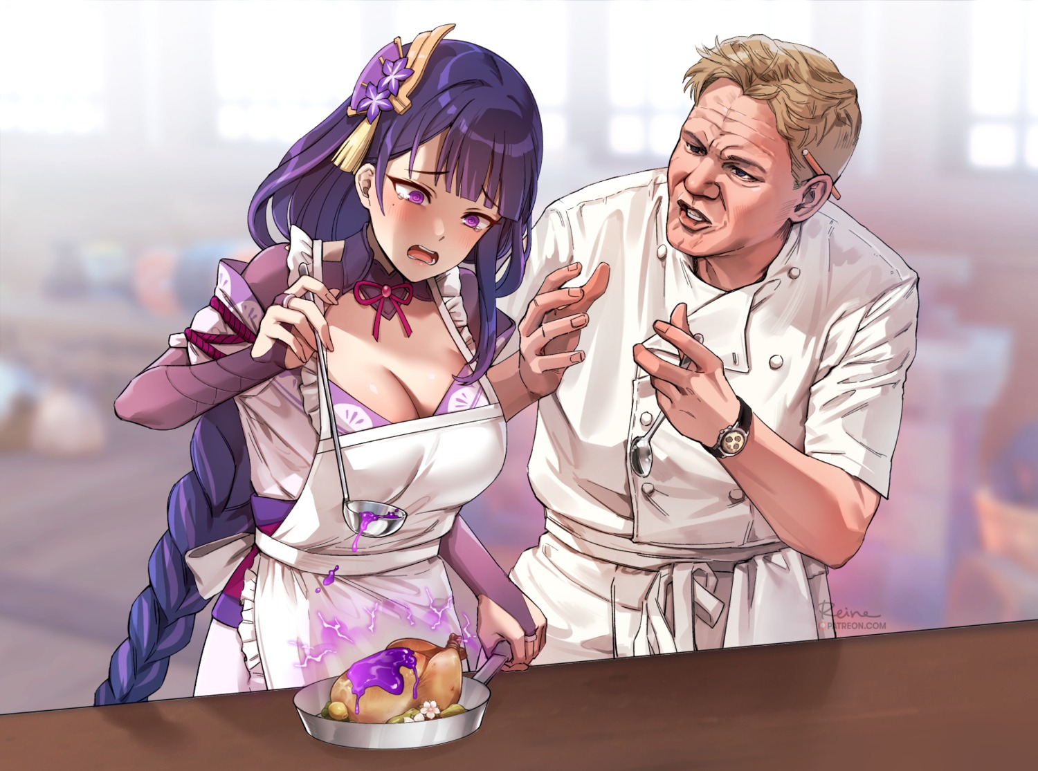 crossover foxy_rain genshin_impact gordon_ramsay hell's_kitchen japanese_clothes no_bra raiden_shogun