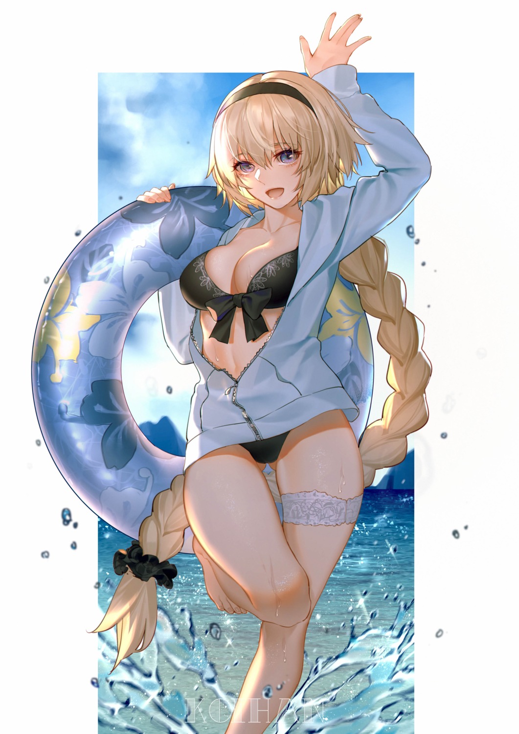 bikini fate/grand_order garter jeanne_d'arc jeanne_d'arc_(fate) koi_han open_shirt swimsuits wet