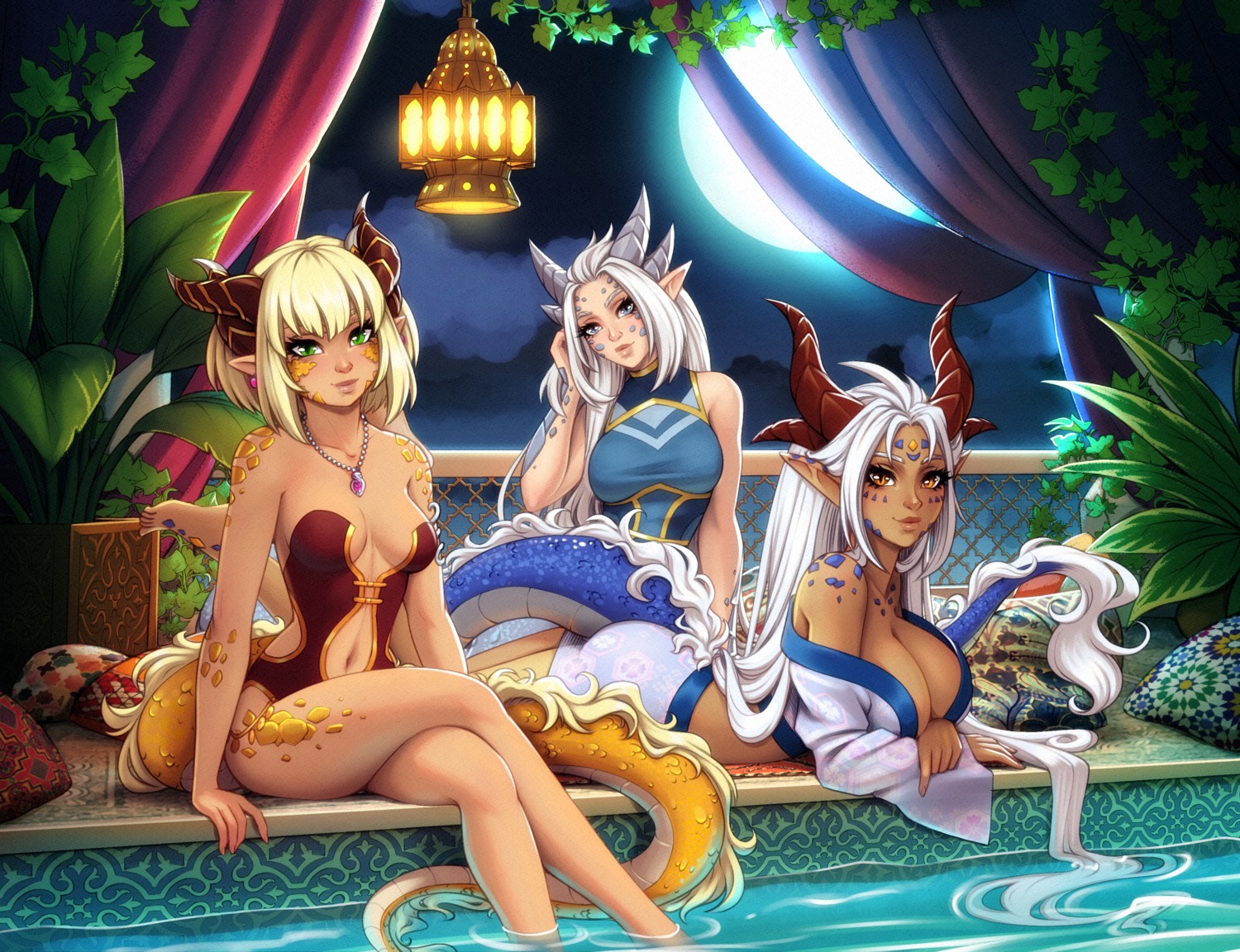 horns japanese_clothes monster_girl no_bra open_shirt pointy_ears swimsuits tail zliva