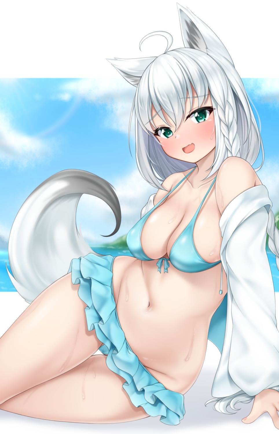animal_ears bikini hololive hololive_gamers kitsune lomocya open_shirt shirakami_fubuki swimsuits tail wet