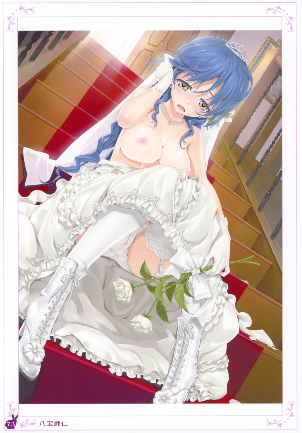 breasts cameltoe dress happoubi_jin heels nipples no_bra pantsu pussy_juice skirt_lift stockings thighhighs wedding_dress wet