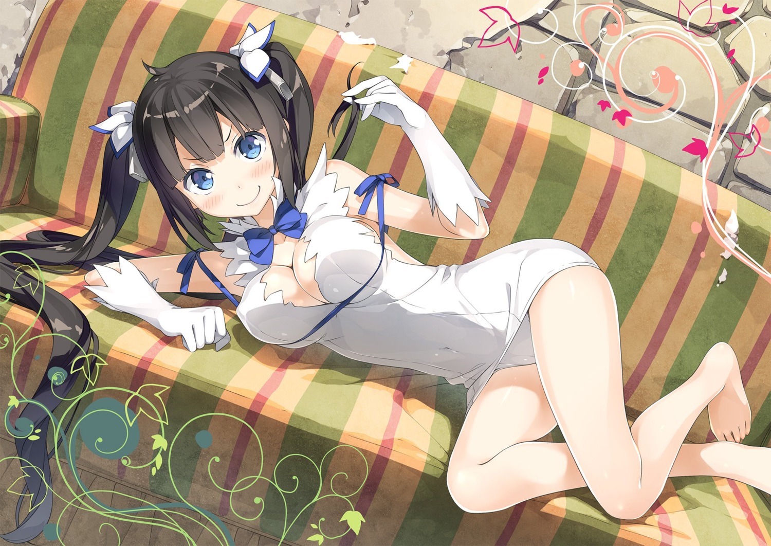 5_nenme_no_houkago cameltoe cleavage dress dungeon_ni_deai_wo_motomeru_no_wa_machigatteiru_darou_ka erect_nipples feet hestia_(danmachi) kantoku no_bra pantsu skirt_lift