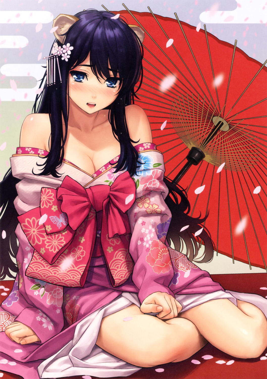 animal_ears cleavage homunculus kimono no_bra umbrella undressing