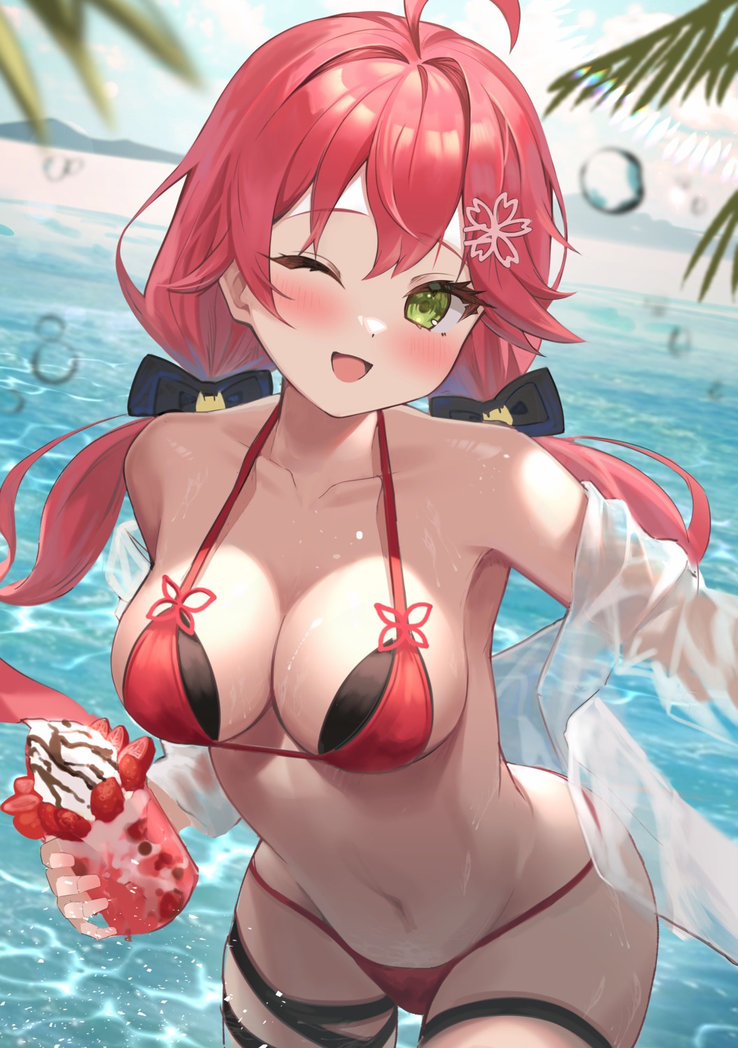 bikini dodota garter hololive open_shirt sakura_miko see_through swimsuits wet_clothes