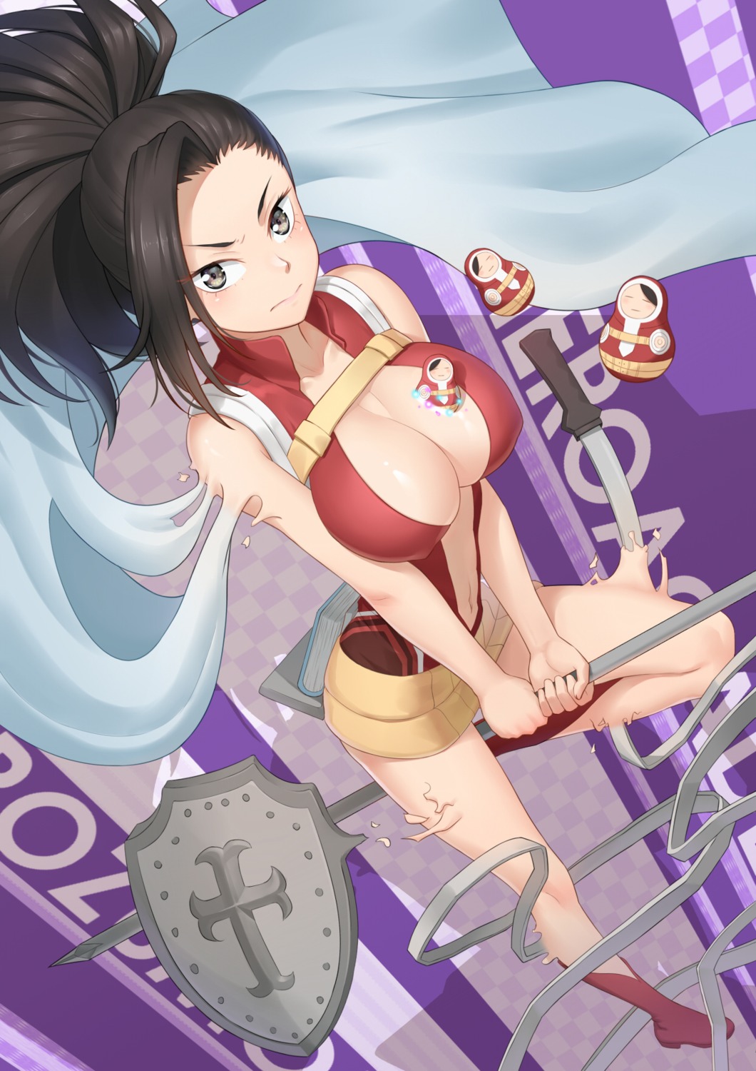 anarchojs boku_no_hero_academia no_bra open_shirt weapon yaoyorozu_momo