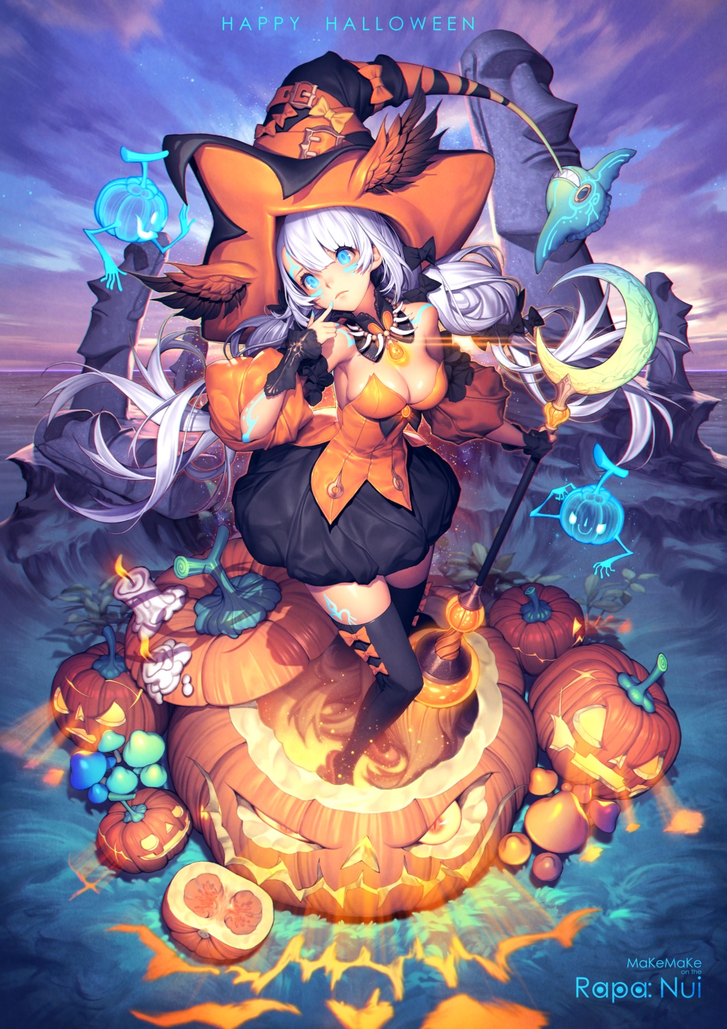 cleavage halloween mandrill no_bra tattoo thighhighs weapon witch