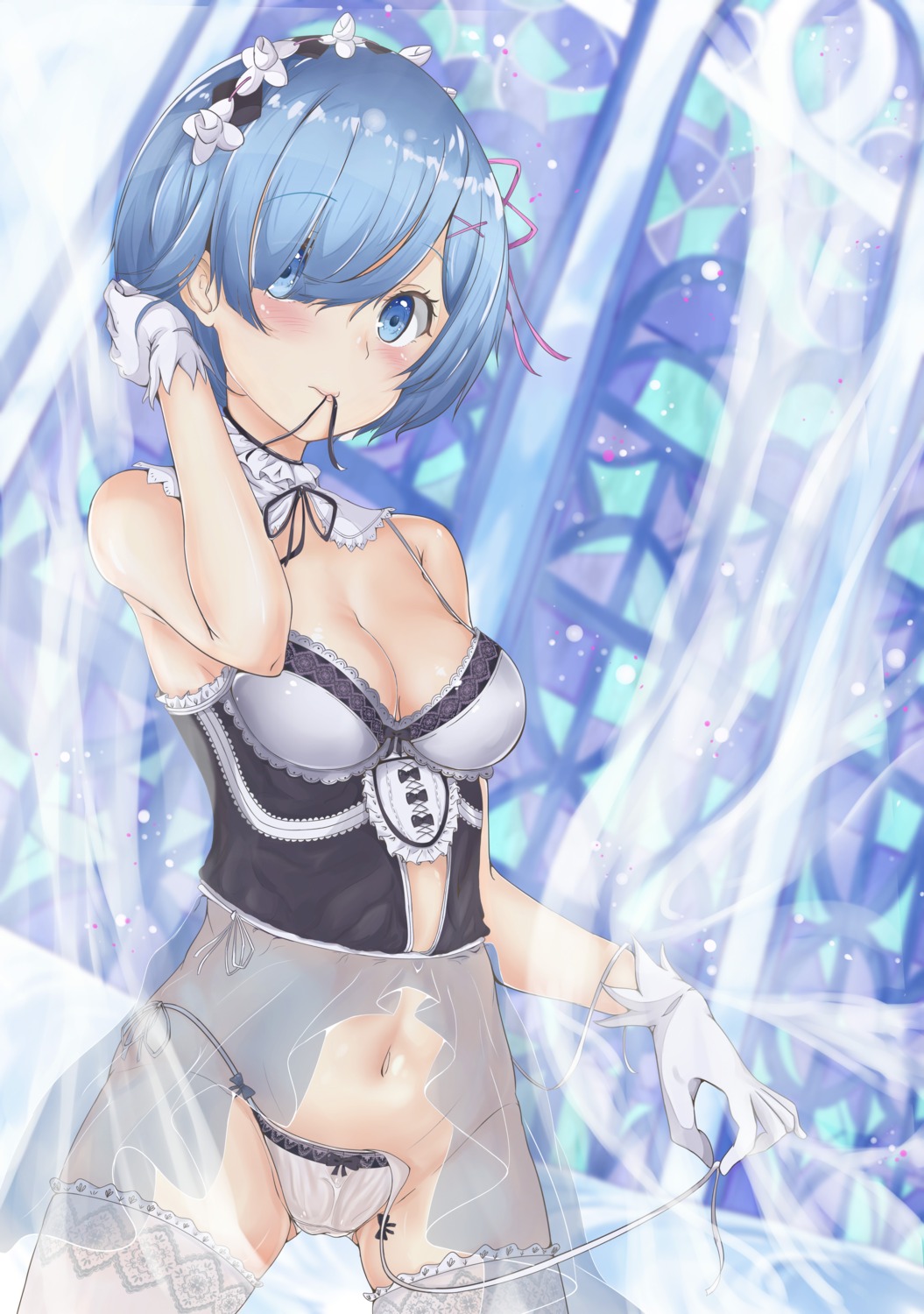 bra cleavage konata_(knt_banri) lingerie pantsu panty_pull re_zero_kara_hajimeru_isekai_seikatsu rem_(re_zero) see_through string_panties thighhighs undressing