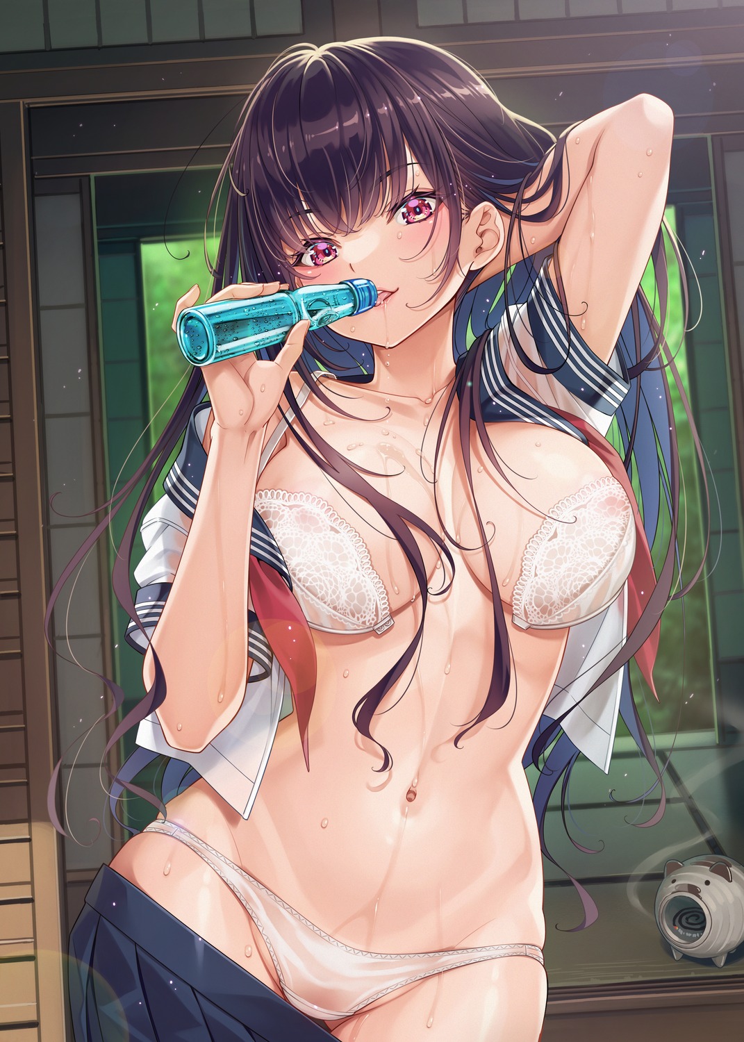 areola bra ikeda_yasuhiro open_shirt pantsu see_through seifuku wet wet_clothes