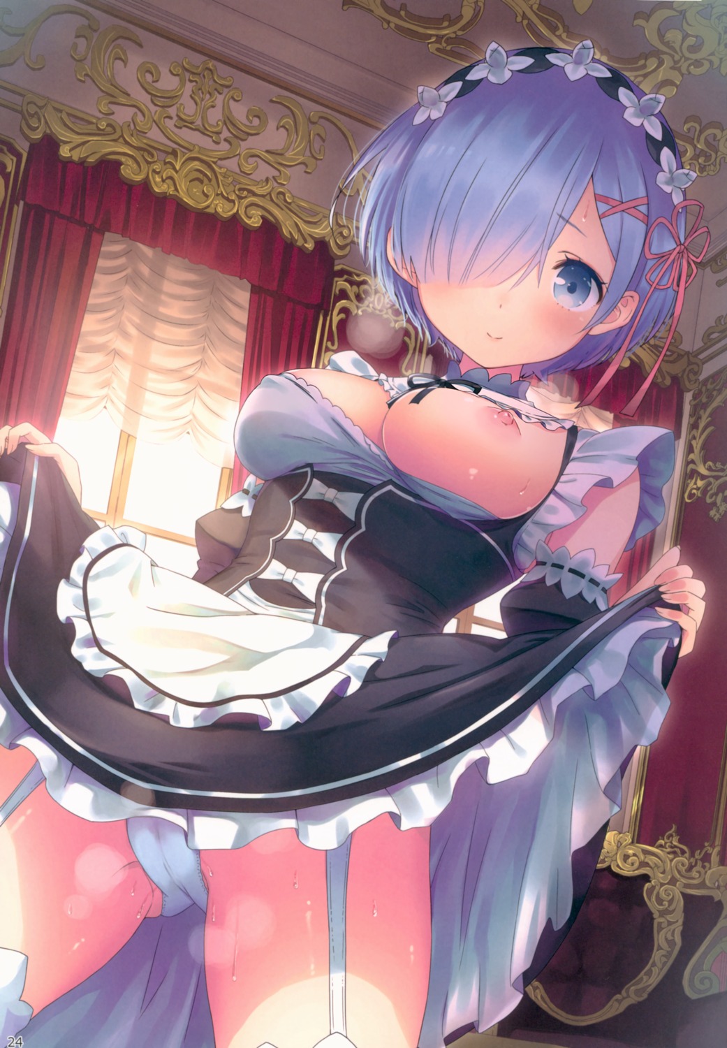 breasts cameltoe kamikire_basami maid no_bra pantsu re_zero_kara_hajimeru_isekai_seikatsu rem_(re_zero) skirt_lift stockings thighhighs yasuyuki