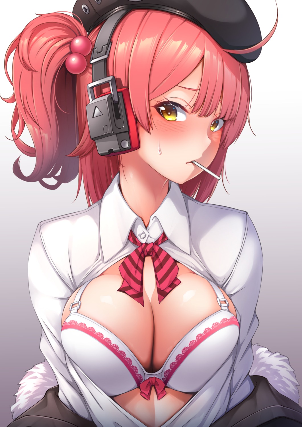 bra cleavage girls_frontline headphones mp7_(girls_frontline) open_shirt seifuku yaosera