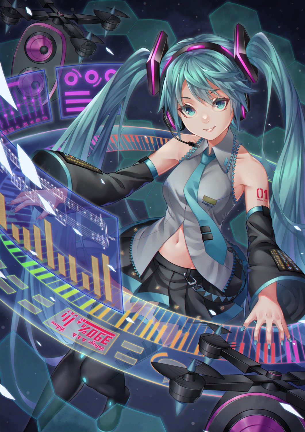 hatsune_miku headphones noro_assumed tattoo thighhighs vocaloid