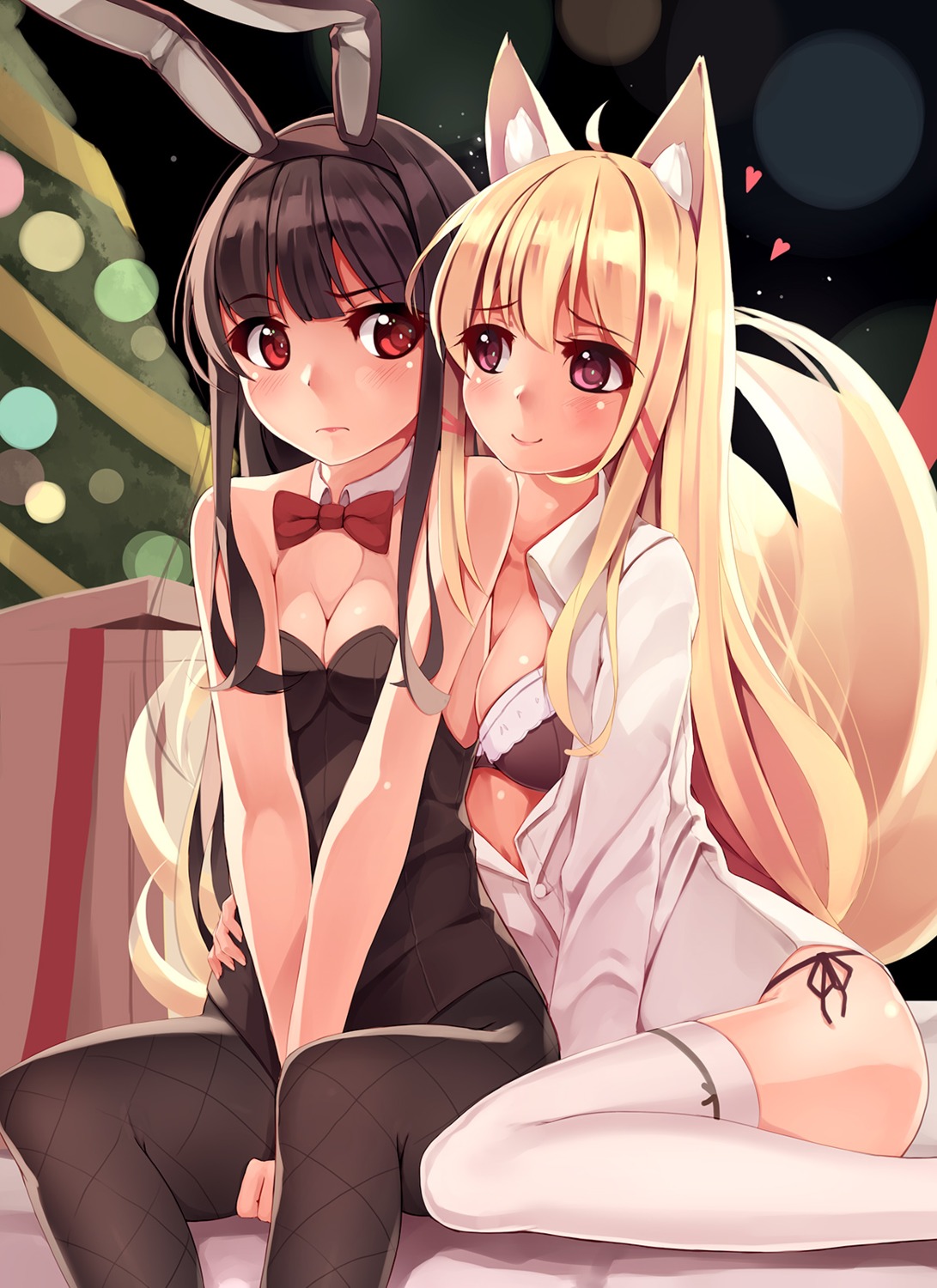 animal_ears bra bunny_ears bunny_girl cleavage dress_shirt kitsune open_shirt pantsu pantyhose string_panties tail thighhighs yumemi_(kiowa) yuri