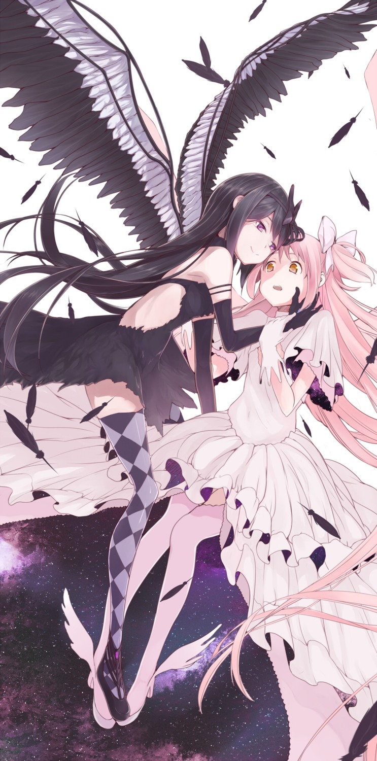 akemi_homura kaname_madoka kokoro6636 mahou_shoujo_madoka_magica thighhighs wings