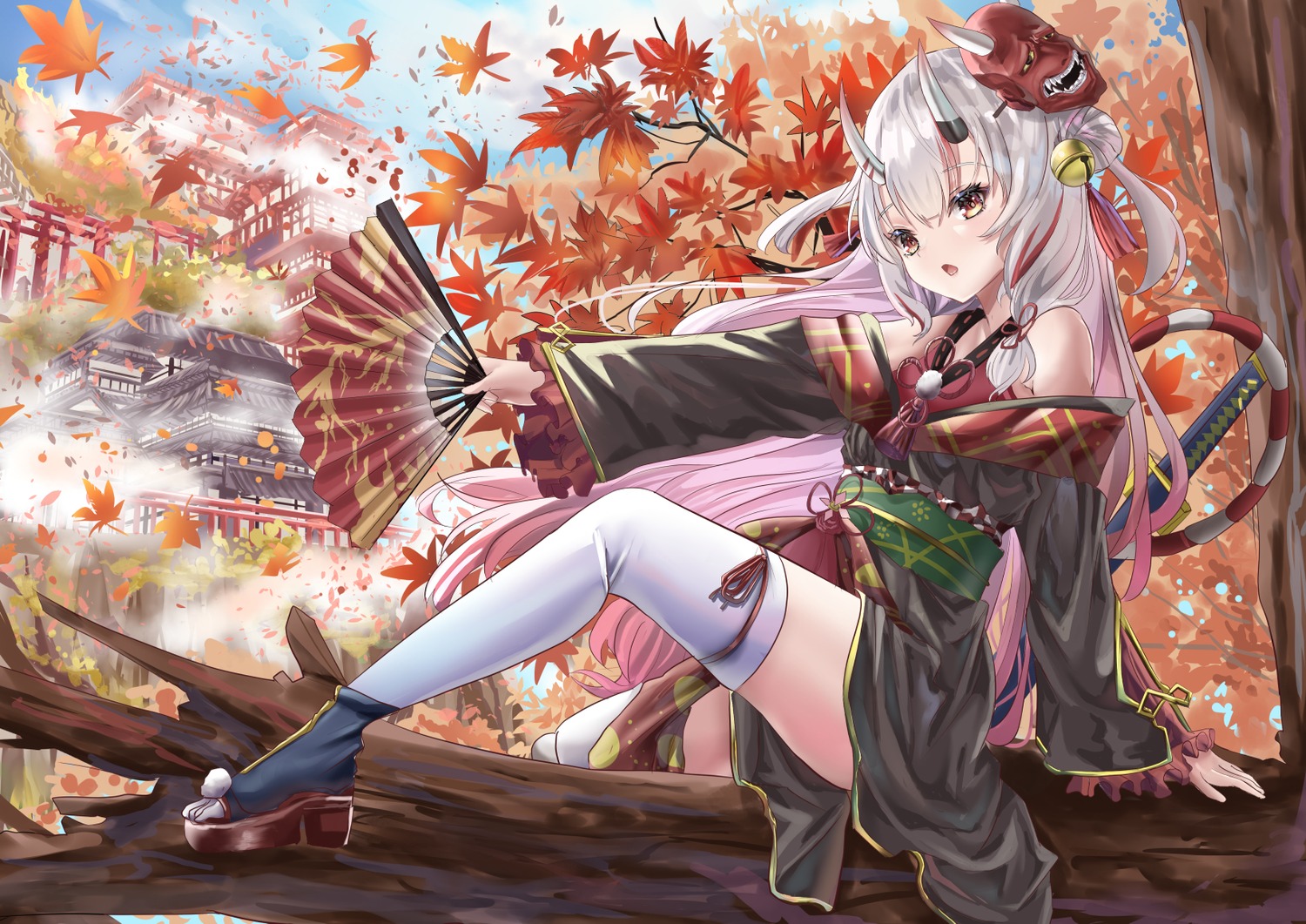 hololive horns japanese_clothes nakiri_ayame shigiroid skirt_lift sword thighhighs