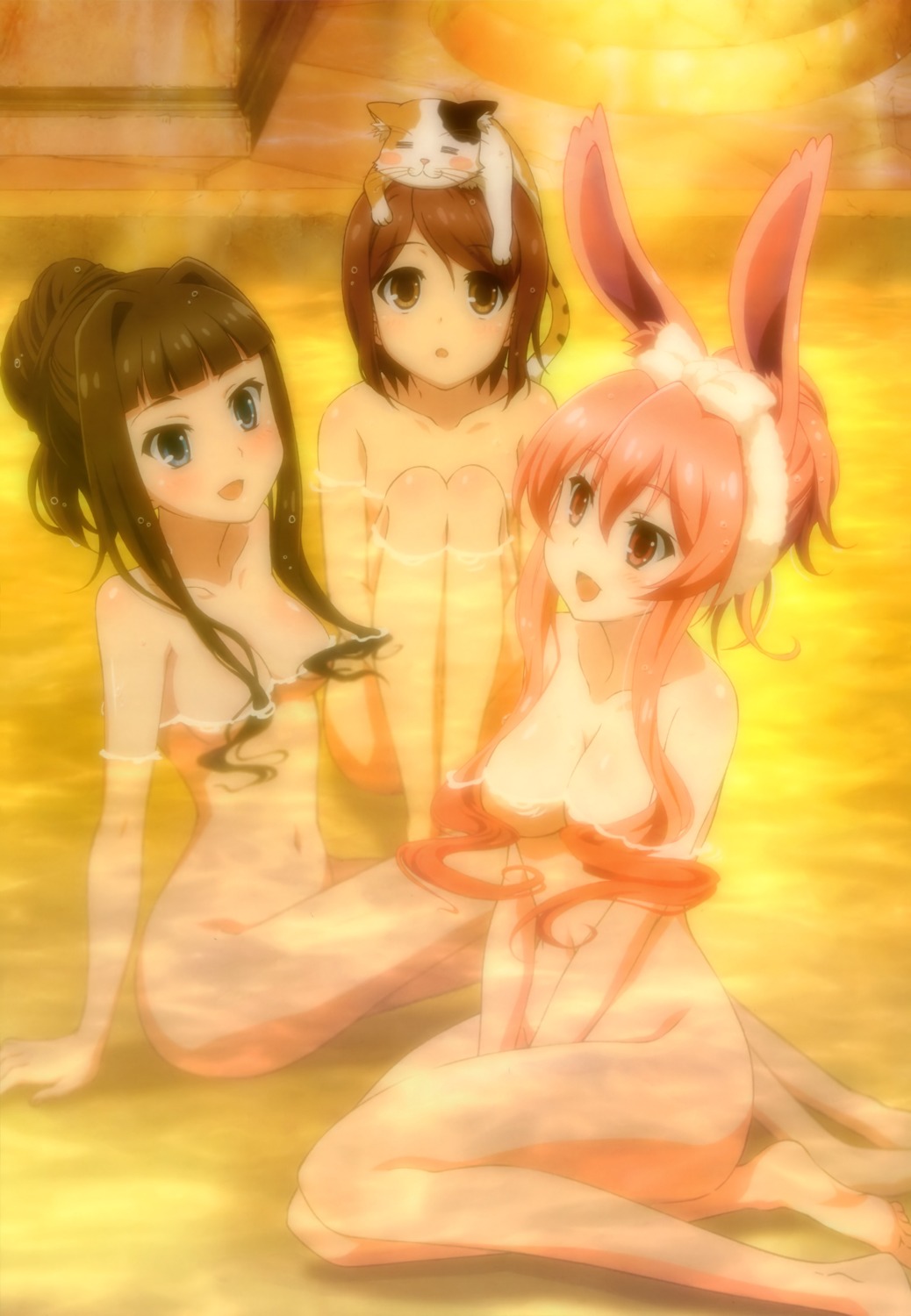 animal_ears bathing bunny_ears honda_yoshino kasukabe_you kudou_asuka kurousagi_(mondaiji) loli mikeneko mondaiji_tachi_ga_isekai_kara_kuru_sou_desu_yo? naked neko onsen wet