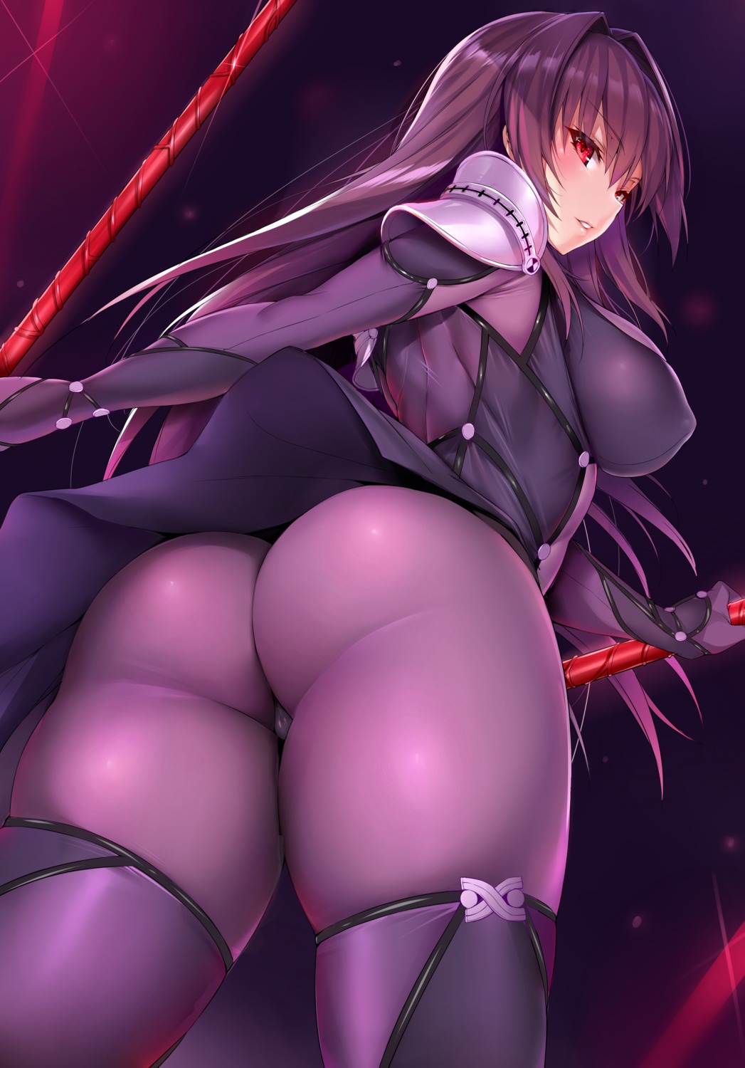 armor ass blue_gk bodysuit erect_nipples fate/grand_order scathach_(fate/grand_order) weapon