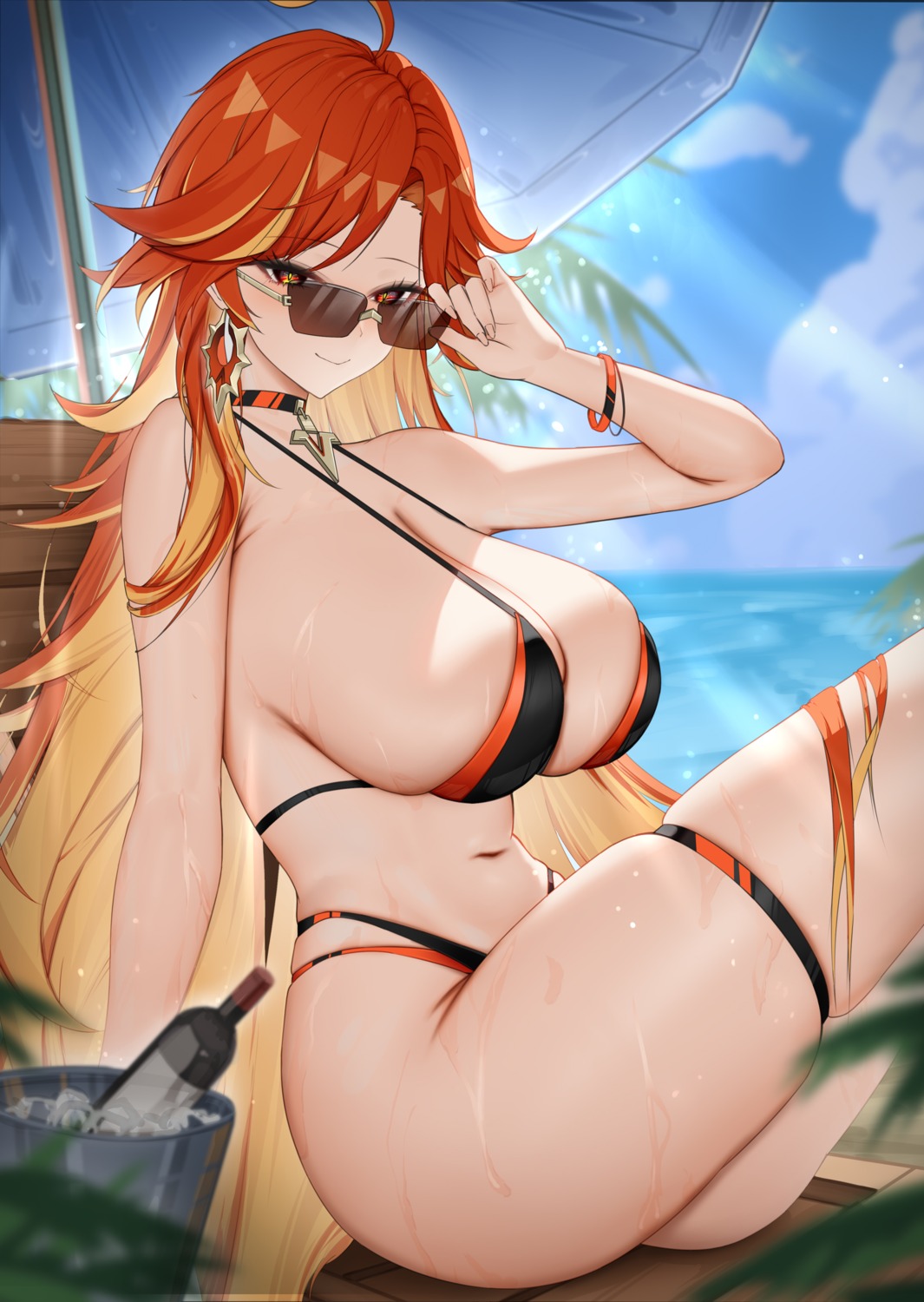 bikini garter genshin_impact mavuika megane ningri_(lianyungangwyz) swimsuits wet