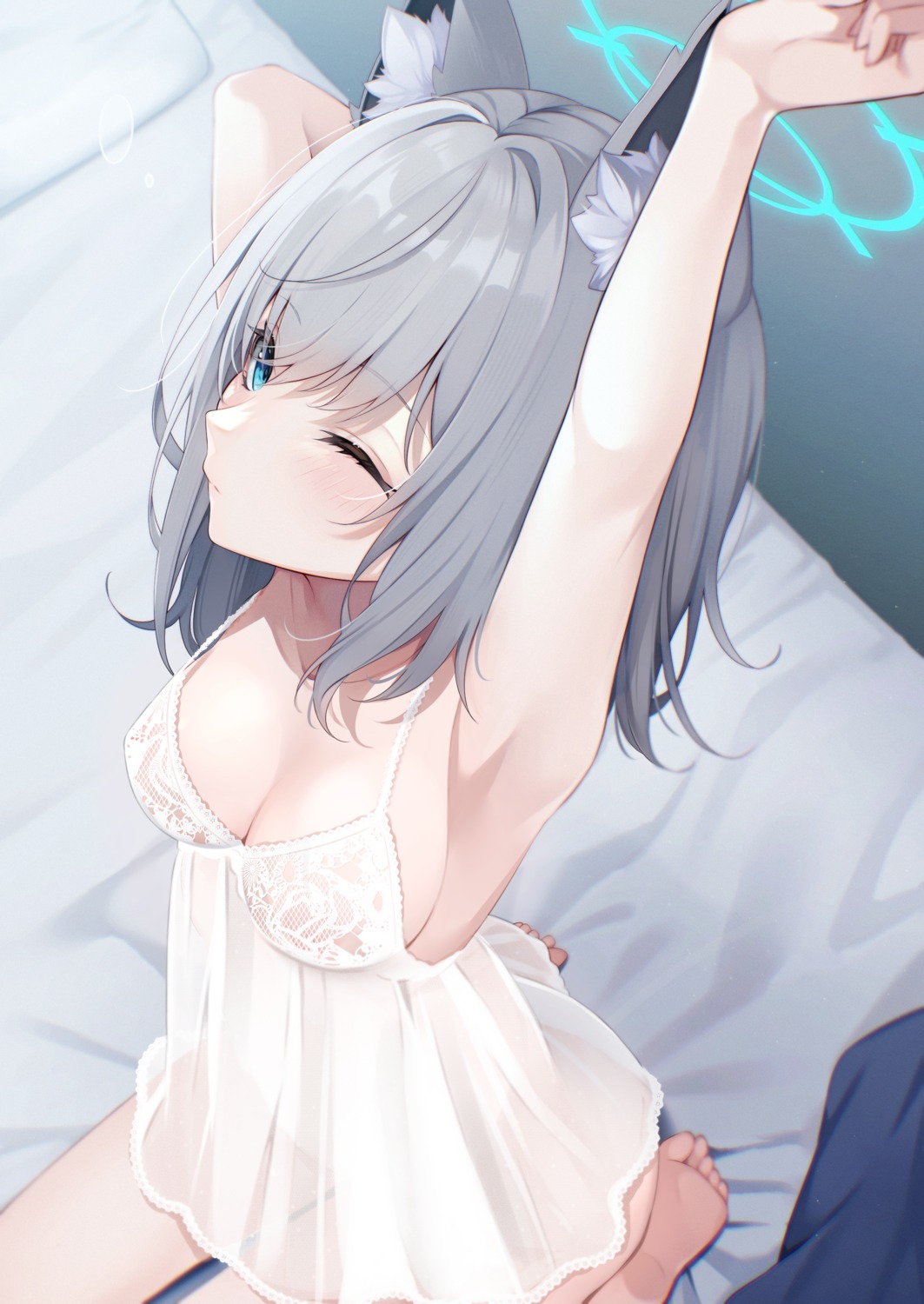 animal_ears blue_archive halo lingerie nekomimi sasakichi see_through sunaookami_shiroko