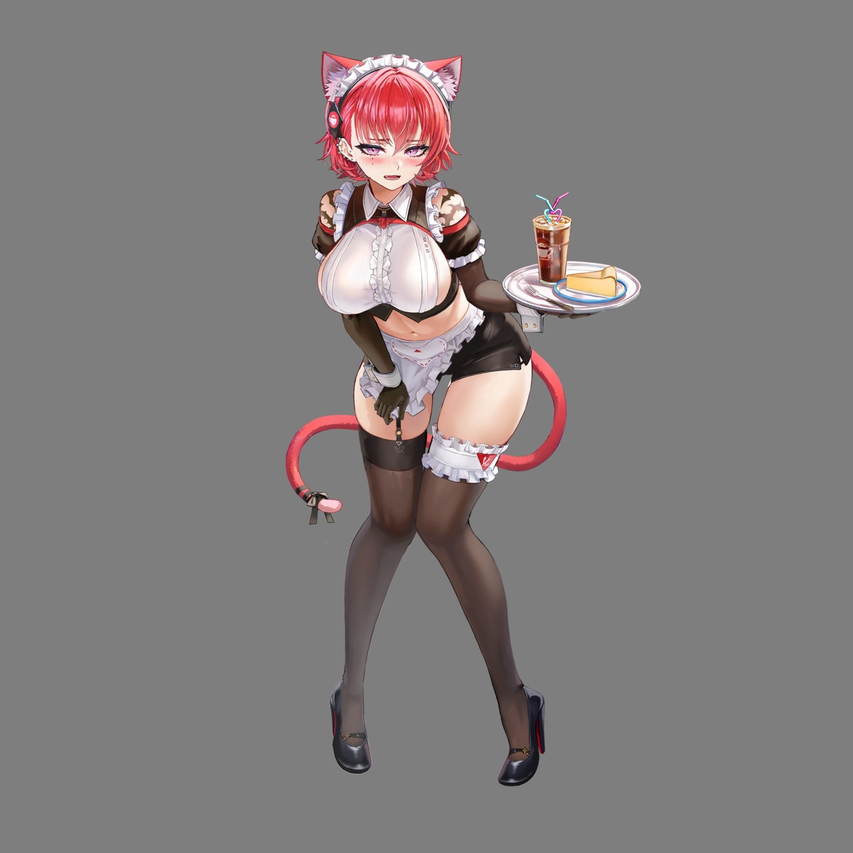 animal_ears garter heels janghwa_(last_origin) last_origin maid nekomimi no_bra stockings taesi tail tattoo thighhighs transparent_png