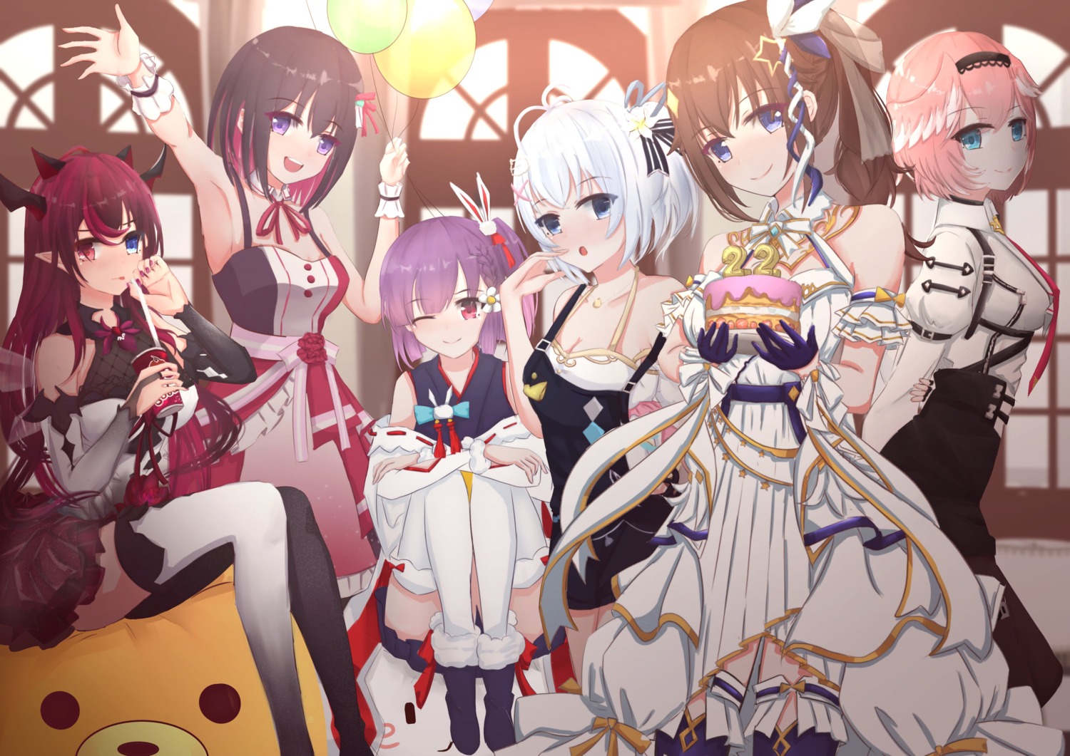 azki_(hololive) cleavage dress heterochromia hololive hololive_english horns irys_(hololive) japanese_clothes lawg1126 pointy_ears thighhighs tokino_sora uniform wings