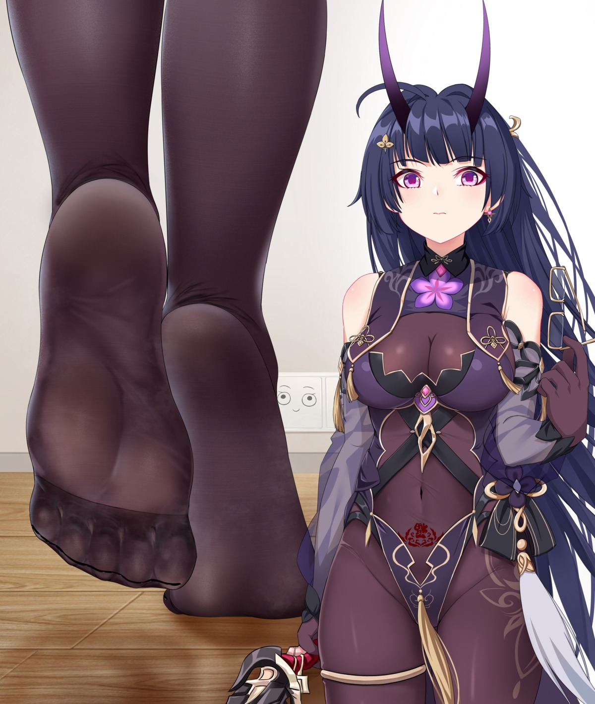 benghuai_xueyuan bodysuit cang_se_ye_hua cleavage feet garter honkai_impact horns leotard megane raiden_mei see_through